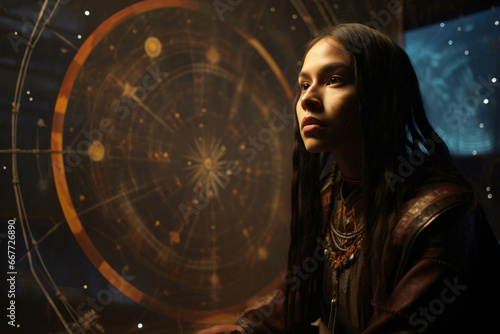 Generative ai indigenous native american woman in futuristic metaverse cyberspace
