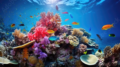 diver snorkeling in a beautiful coral generative ai