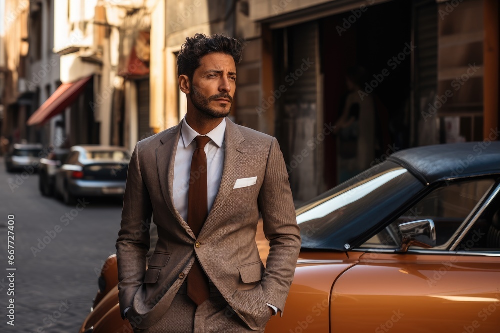 A Dapper Gentleman Posing Beside an Elegant Automobile