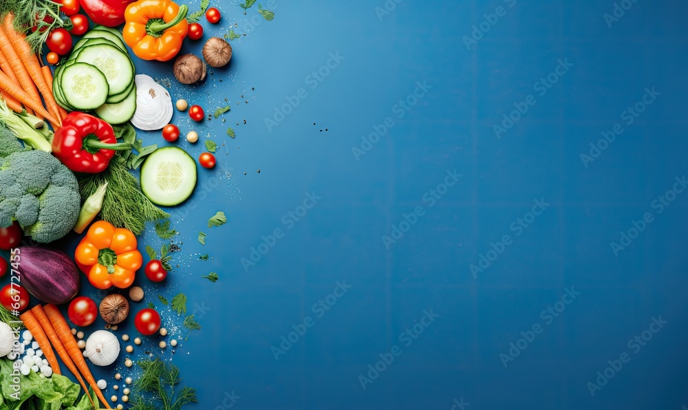 Top view vegetables on deep blue background.