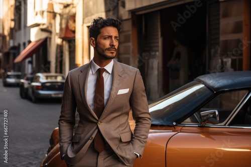 A Dapper Gentleman Posing Beside an Elegant Automobile © pham