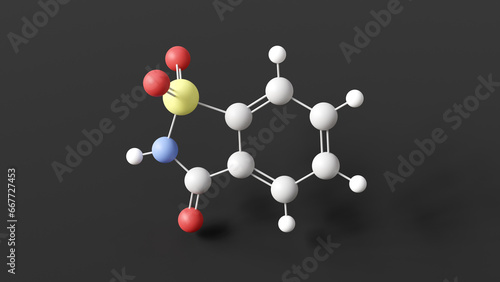 saccharin molecule  molecular structure  artificial sweetener e954  ball and stick 3d model  structural chemical formula with colored atoms