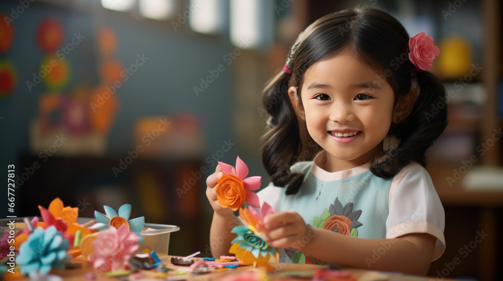 Young preschooler makes a paper and paint craft for classroom lessons Young preschooler makes a paper and paint craft for classroom lessons