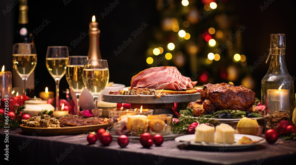 Christmas evening dinner table with festive food and sparkling wine glasses, holiday xmas concept Christmas evening dinner table with festive food and sparkling wine glasses, holiday xmas concept