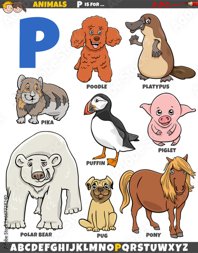 cartoon animal characters for letter P educational set