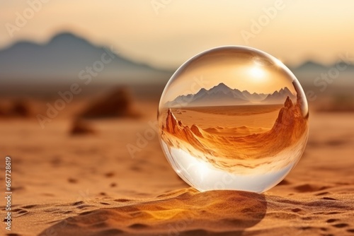 A glass ball in the middle of the desert in the rays of sunset. Close-up  beautiful view. Generated by artificial intelligence