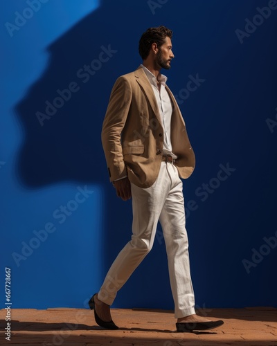 A Stylish Man Strutting in a Chic Tan Jacket and Crisp White Pants