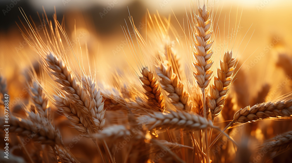Golden Ripe Ears of Wheat at Sunset Rays of Sunshine Selective Focus Background