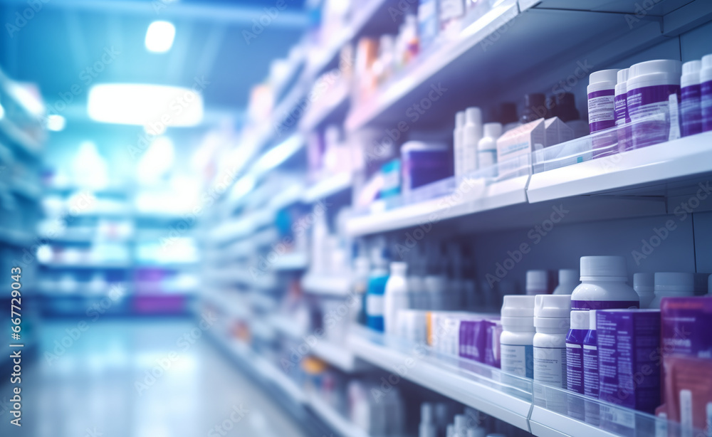 Blurred background of a drugstore with defocused lights.