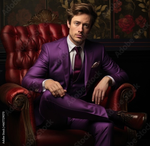 A Dapper Gentleman in a Vibrant Purple Suit Relaxing on a Bold Red Chair