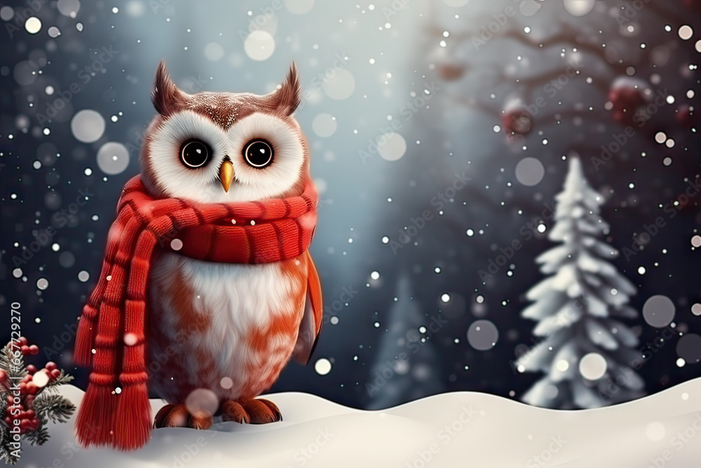 Cute owl in a red Christmas scarf against snowy winter forest background. Holiday New Year greeting card concept. Animals in the wild.