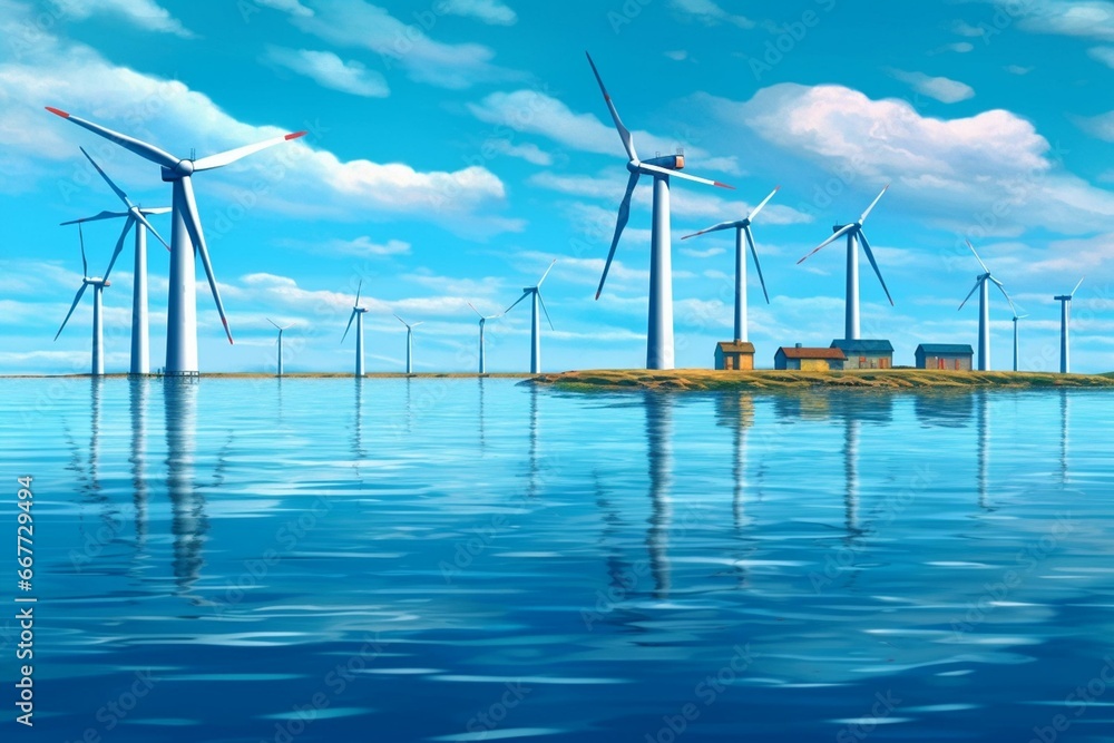 Offshore wind turbines on blue water, generating clean energy. Keywords: marine, windmills, white, farms, offshore, turbines, sky, green, electric, mining. Generative AI