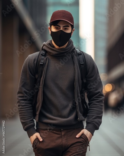 Man Walking Down Street Wearing Face Mask