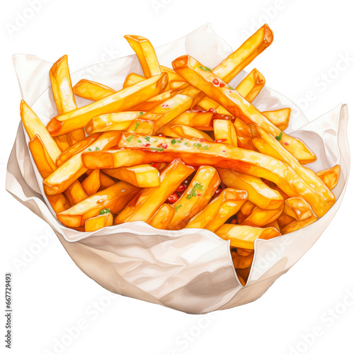 French fries in watercolor on an isolated background.