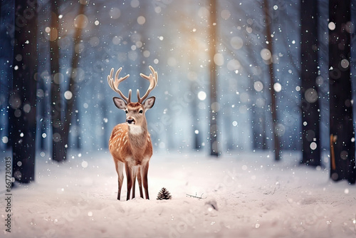 Elegant reindeer against snowy winter forest background. greeting card © Roxana