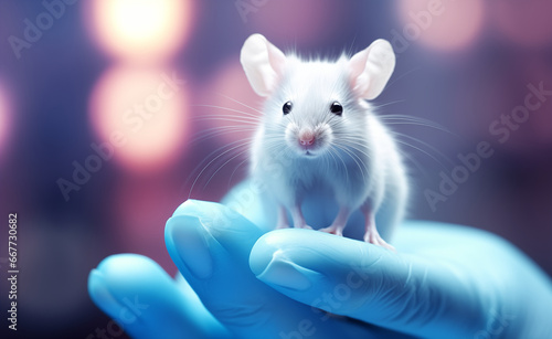 Hand of a scientist delicately holding a small mouse in a laboratory setting.