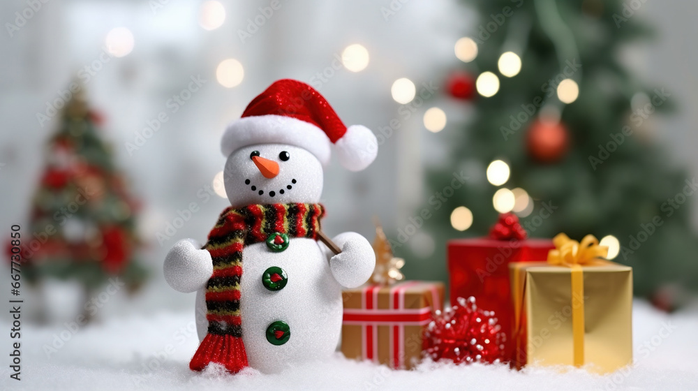 Cute Snowman in His Red Outfit For Merry Christmas Greeting Background Focus on Foreground
