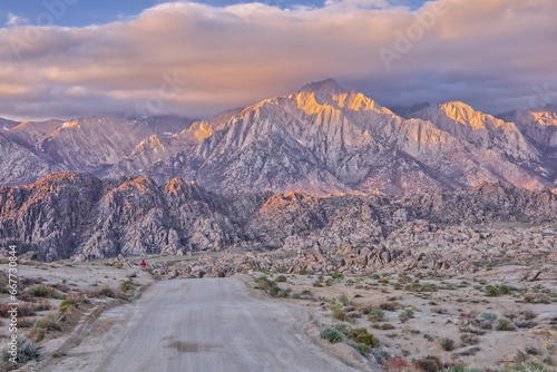 Mount Whitney and Eastern Sierra Nevada Mountains from Alabama Hills' Movie Road in the Morning