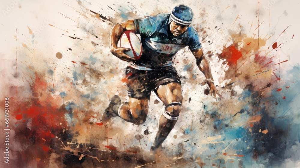 Rugby ball in watercolor splashes on a white background. Ai generative. - obrazy, fototapety, plakaty 