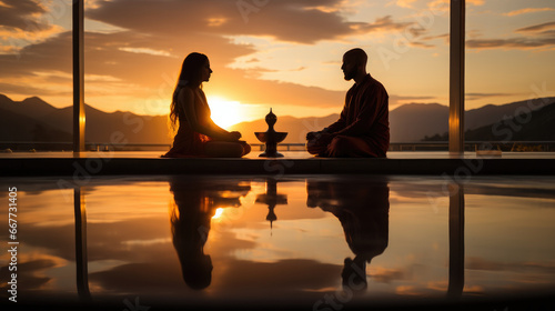 initiation to transtrism and moment of spirituality in a temple in India at sunset, the silhouette of the couple is reflected in a water screen photo