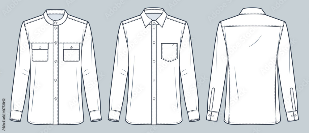 Slim fit Shirt technical fashion Illustration. Classic Shirt fashion technical drawing template, button down, different collars, pockets, front, back view, white, women, men, unisex CAD mockup set. Slim fit Shirt technical fashion Illustration. Classic Shirt fashion technical drawing template, button down, different collars, pockets, front, back view, white, women, men, unisex CAD mockup set.