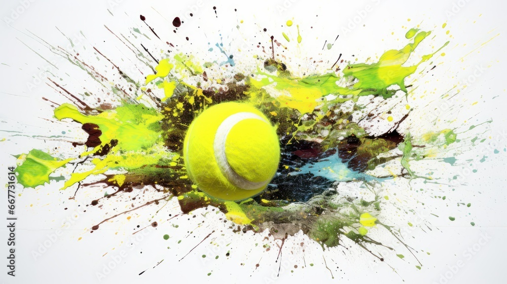 Tennis ball with splashes and blots on white background. Ai generative.