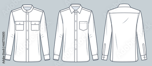 Slim fit Shirt technical fashion Illustration. Classic Shirt fashion technical drawing template, button down, different collars, pockets, front, back view, white, women, men, unisex CAD mockup set. 