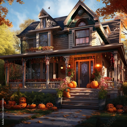 A front of a house decorated for Halloween in day light 