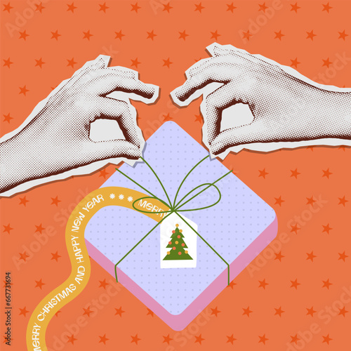 Halftone collage art banner, hands opening a Christmas gift. A hands opens a bright beautifully packaged present box. Fashionable retro colors, palm gesture, beautiful packaging. Vector