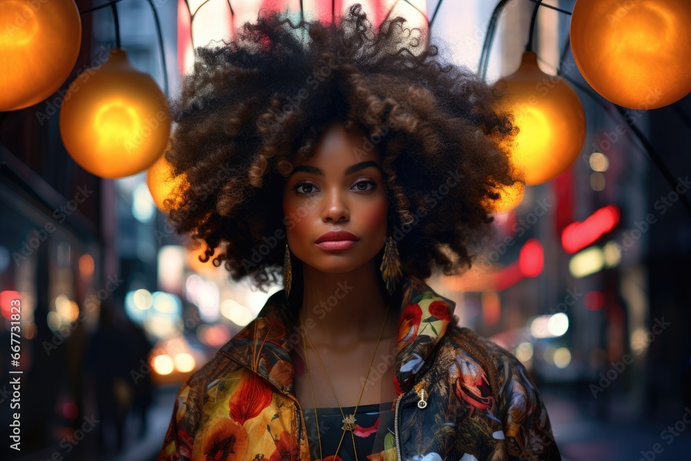 Fototapeta premium A Woman with Beautiful Curly Hair on a Vibrant City Street