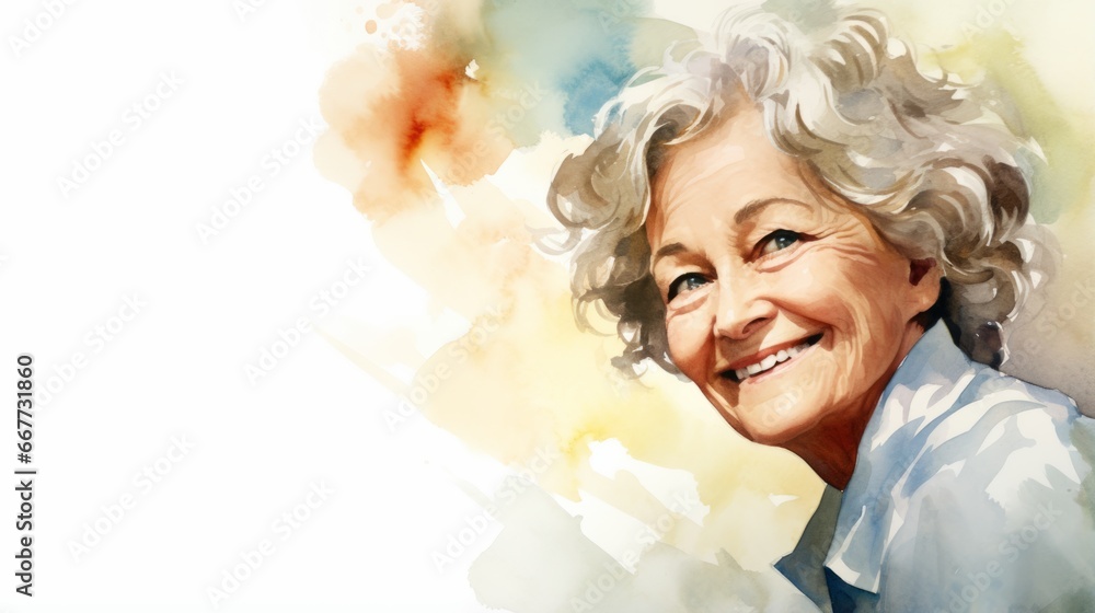 Smiling Old White Woman with Blond Curly Hair Watercolor Illustration. Portrait of Casual Person on white background with copy space. Photorealistic Ai Generated Horizontal Illustration.