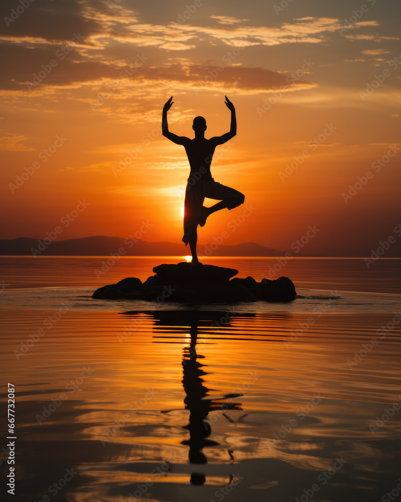 Serene Yoga Practice on a Waterfront Rock Amidst Martial Arts Training, intense orange sunset in landscape, reflection in calm water
