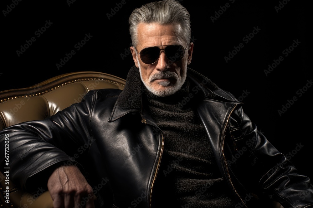 Obraz premium Man in Leather Jacket Sitting on Chair