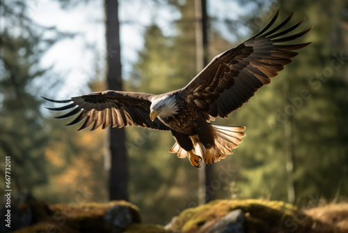 Flying eagle in forest