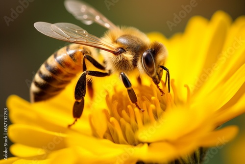 Close-up of honeybee on a flower on a sunny summer day. Generative AI