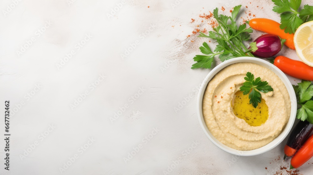 bowl of hummus on a white background, top view. vegetarian homemade snack. Arabic food. bowl of hummus on a white background, top view. vegetarian homemade snack. Arabic food.