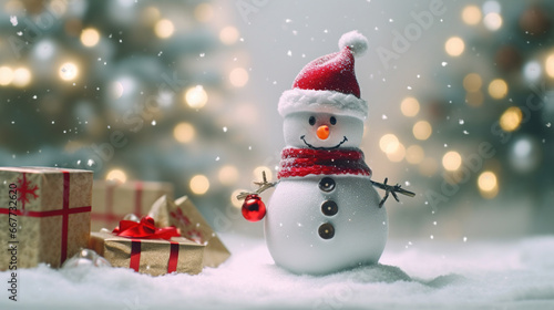 Cute Snowman in His Red Outfit For Merry Christmas Greeting Background Focus on Foreground photo