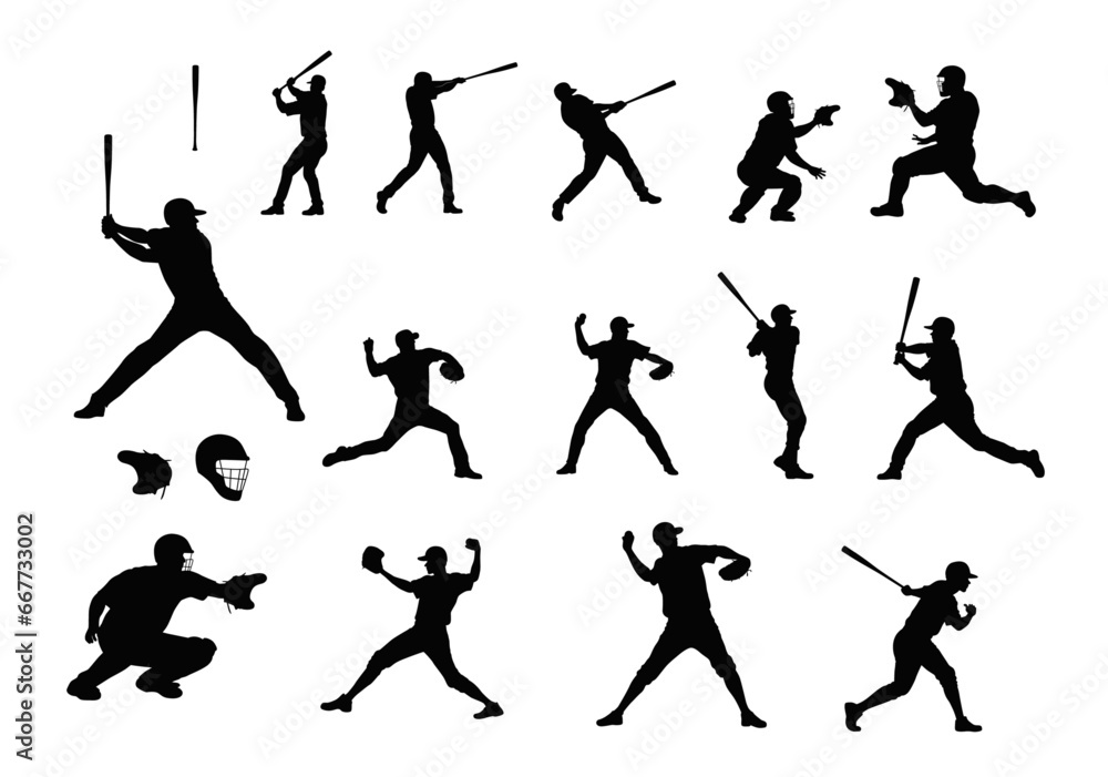 Baseball player, baseball player batter hits the ball, vector silhouette of a baseball player