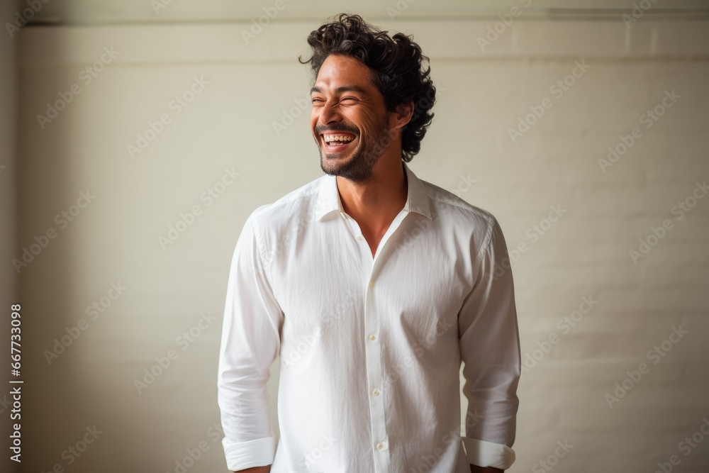 Obraz premium A Smiling Man in a White Shirt Standing in a Room