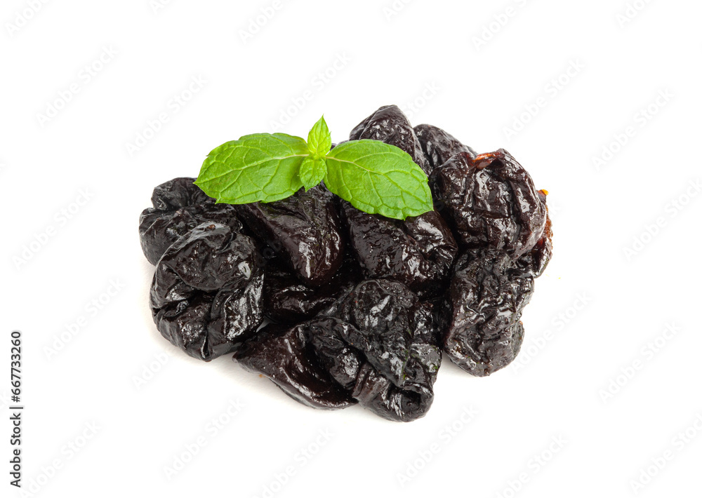 Dry Plums Isolated, Dried Black Fruits, Prune Group, Dry Plum Fruit on White Background Dry Plums Isolated, Dried Black Fruits, Prune Group, Dry Plum Fruit on White Background