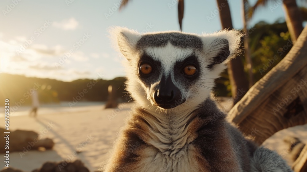 Obraz premium madagascar beach with a curious lemur generative ai