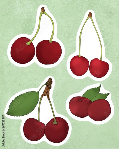 Set Delicious fresh ripe cherries fruit flat illustration design. Printable c...