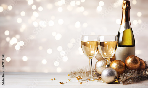 New Year's champagne in wine glasses and bottle with some decorated Christmas gold ornaments. bokeh bright white background.