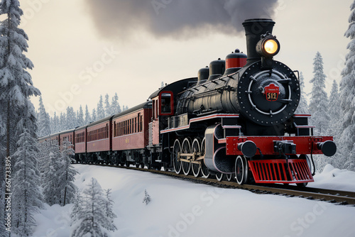 Generative AI Digital technology painting of retro steam locomotive driving in winter forest