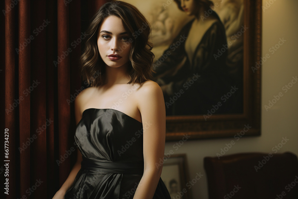 Fototapeta premium Beautiful woman dressed stylish clothes posing in retro style room indoors generative AI concept