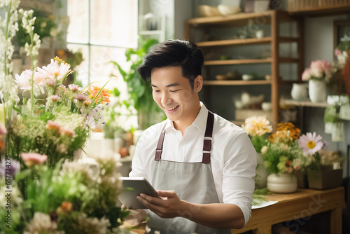 A Happy smiling Asian people in a green apron preparing and using a tablet a flower vase for customers in a flower shop full of various flowers and plants. Generative AI. © Surachetsh