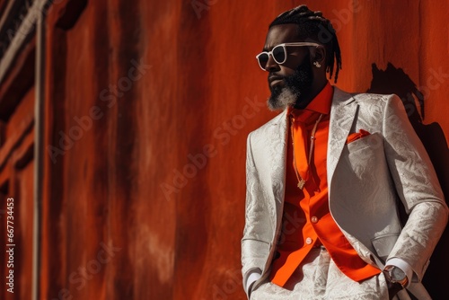 Stylish Man in White Suit and Vibrant Orange Tie