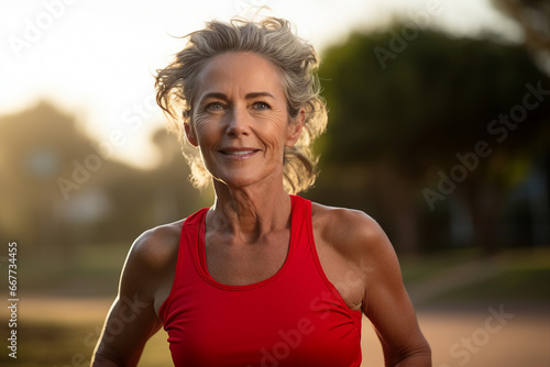 Portrait of middle aged active sporty person running jogging workout sunny morning in the park generative AI concept