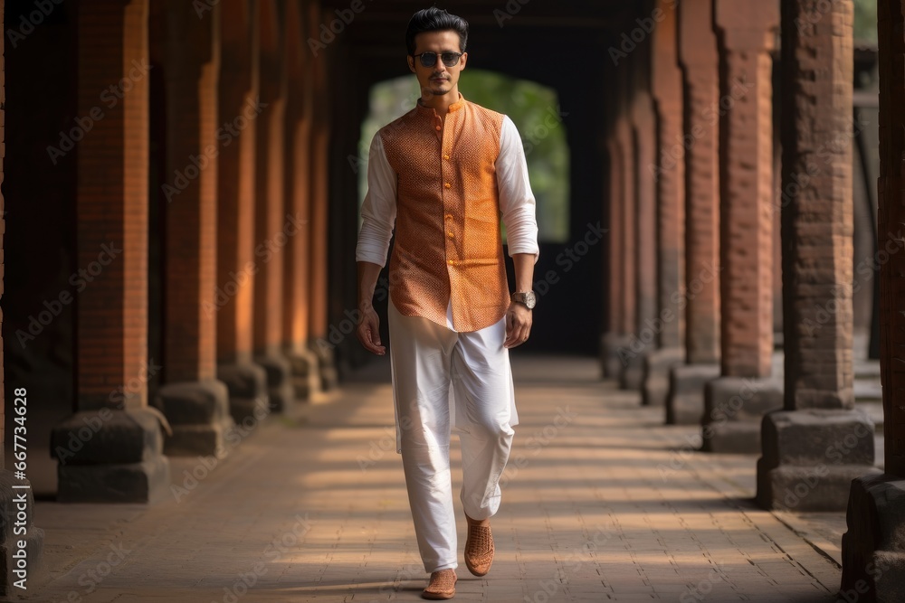 A Man Strolling Along a Pathway in a Stylish Vest A Man Strolling Along a Pathway in a Stylish Vest