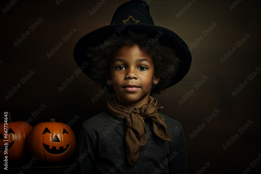 Fototapeta premium Generative AI picture of funny person in fantasy costume celebrate halloween night isolated on dark background